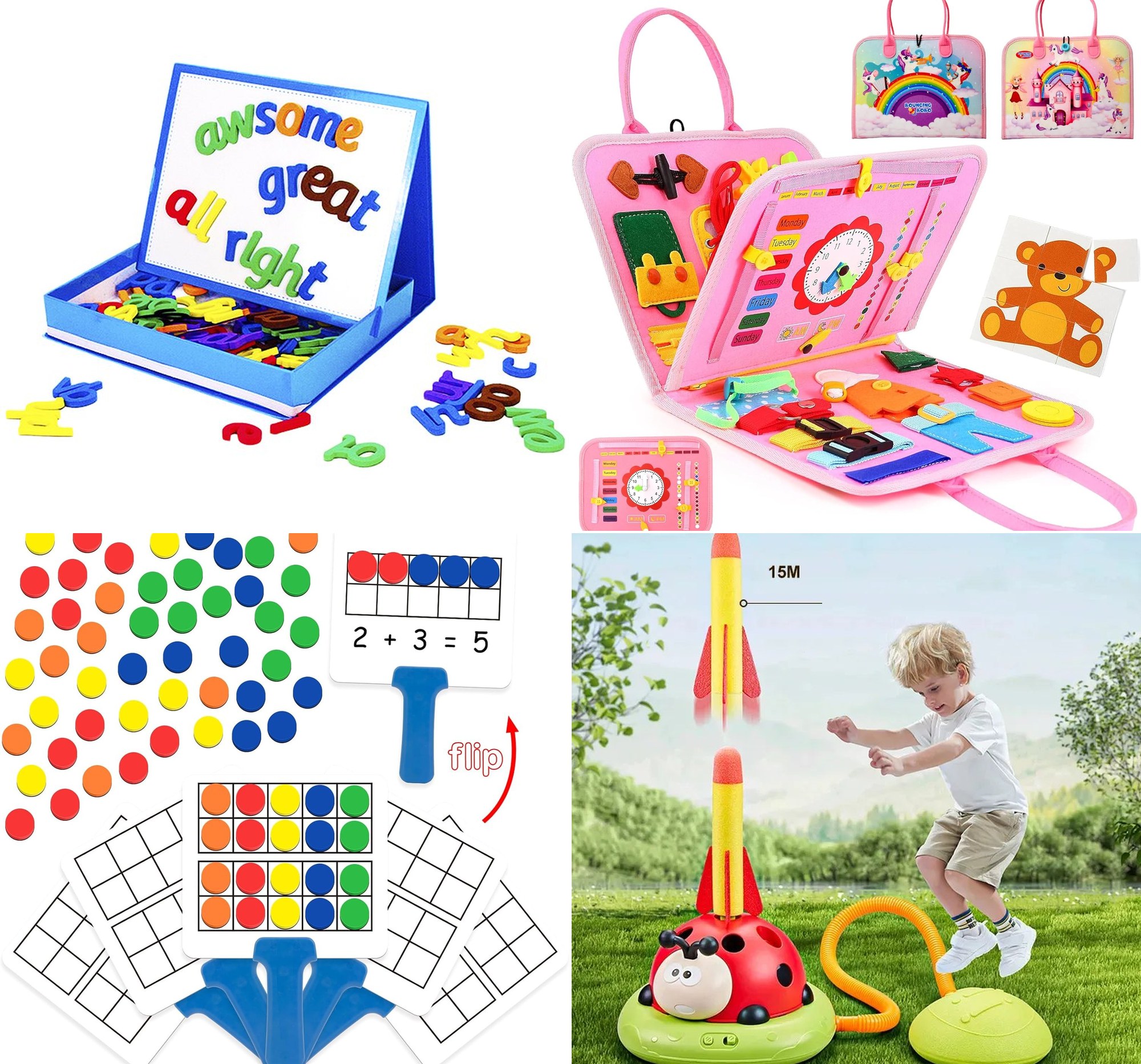 ArtAmber product range: magnetic phonics tiles, busy board, ten-frame set, cloth books, rocket launcher and wooden blocks